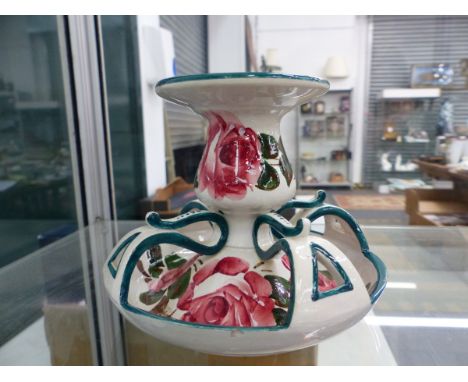 A RARE WEMYSS WARE CHAMBERSTICK, A PAIR OF SMALL DISHES, A SQUARE DISH WITH BEE DECORATION AND A TEAPOT. 