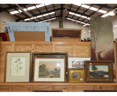 19TH CENTURY ENGLISH SCHOOL, A MINIATURE WATERCOLOUR OF A RIVER LANDSCAPE, 8 x 12cm, TOGETHER WITH VARIOUS PAINTINGS AND DECO