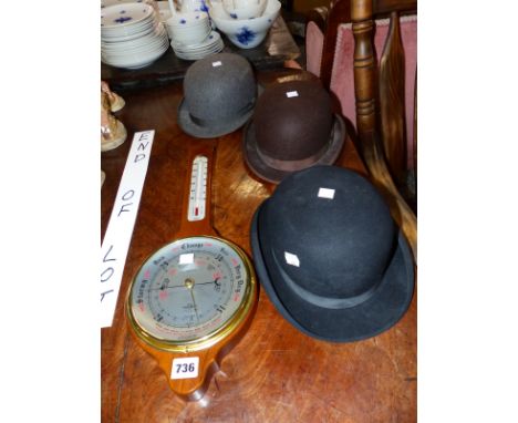 THREE BOWLER HATS AND AN ANEROID BAROMETER
