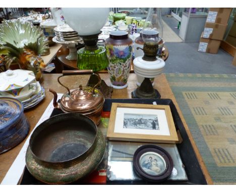 TWO OIL LAMPS, A COPPER KETTLE, A BOWL, A TRAY AND TWO PRINTS