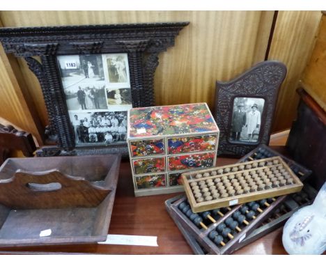 TWO COLONIAL CARVED FRAMES, THREE ABACUS, AN OAK CUTLERY TRAY AND A MULTI DRAWER TRINKET CHEST.