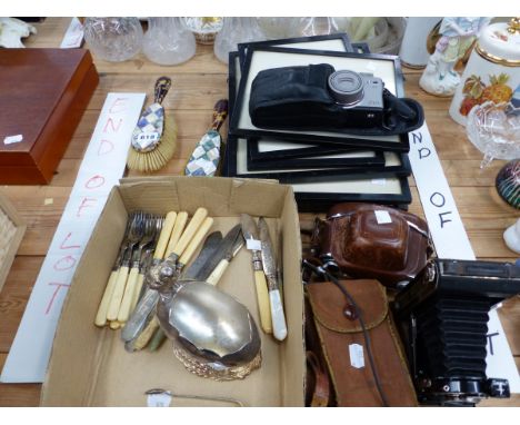 CAMERAS, PRINTS, A SILVER BUTTER KNIFE, ELECTROPLATE CUTLERY AND A PAIR OF MOTHER OF PEARL BACKED BRUSHES
