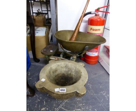 A WHITE MARBLE MORTAR, COPPER COACHING HORN, SCALES AND WEIGHTS