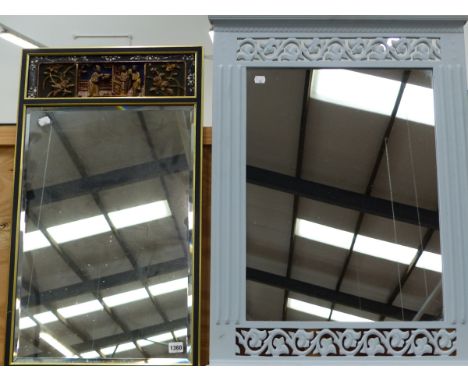 TWO DECORATIVE MODERN MIRRORS ONE INCORPORATING AN ANTIQUE CARVED AND INLAID CHINESE PANEL (2) 