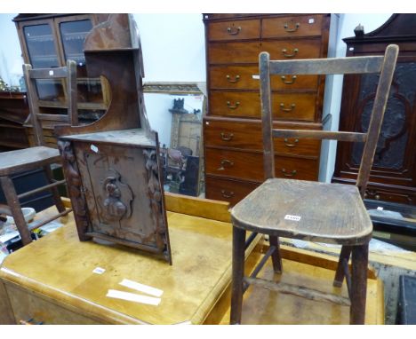 TWO VINTAGE OAK CHILDS CHAIRS TOGETHER WITH AN ANTIQUE CORNER SHELF WITH ARMORIAL SHIELD DECORATION 