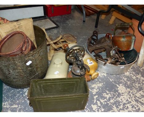A WASHING BOARD, COPPER KETTLE, OTHER METAL WARES, A COFFEE GRINDER AND STONE WARE HOT WATER BOTTLES