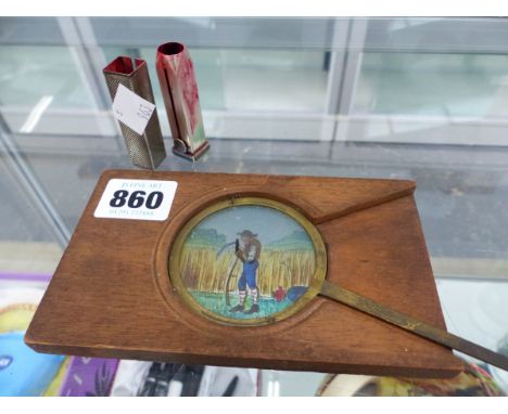 A SILVER HALLMARKED LIPSTICK CASE AND A VICTORIAN MOVING MAGIC LANTERN SLIDE. 