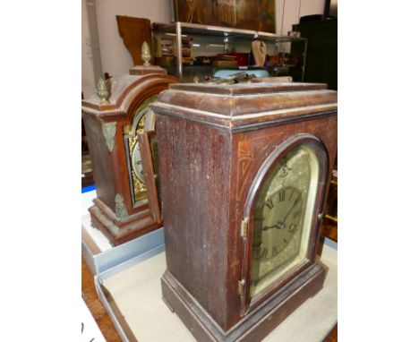 TWO MAHOGANY CASED STRIKING MANTLE CLOCKS TOGETHER WITH A WALL CLOCK