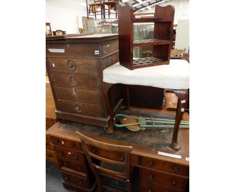 A LATE VICTORIAN SMALL ROCKING CHAIR, AND OAK WASHSTAND (W 58 X D 47 X H 76CMS), A DRESSING STOOL, SHOOTING STICK AND A SMALL