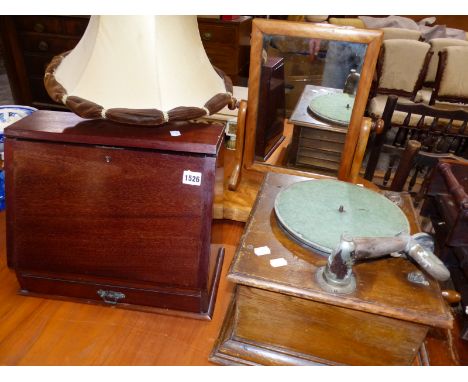 A VINTAGE GRAMOPHONE A MAHOGANY STATIONARY BOX A SWING MIRROR AND A TABLE LAMP. 