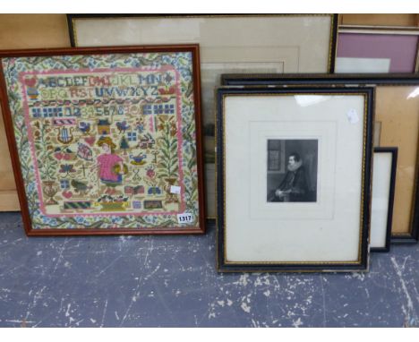 GROUP OF ANTIQUE TOPOGRAPHICAL PRINTS, TOGETHER WITH A NEEDLEWORK PANEL ETC, SIZES VARY