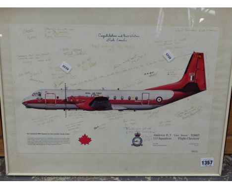 TWO COMMEMORATIVE COLOUR PRINTS OF RAF PLANES WITH INSCRIPTIONS AND SIGNATURES OF CREW TOGETHER WITH A PICTURE OF A FIGHTER J