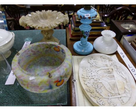 A TURQUOISE GLASS OIL LAMP, GLASS CEILING LIGHT SHADE, BOOKS AND AN ALABASTER STANDING BOWL