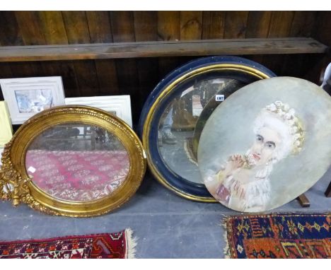 TWO WALL MIRRORS, AN OIL PORTRAIT AND A PICTURE MONTAGE (4)