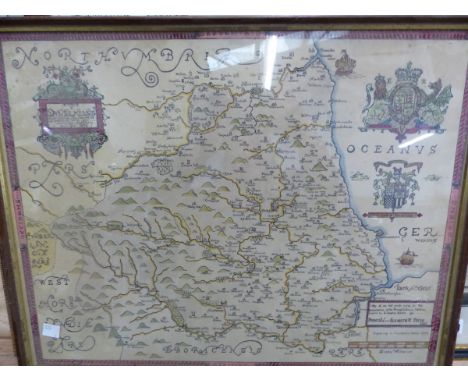 AN 18TH CENTURY HAND COLOURED PRINT OF DURHAM CATHEDRAL, 51 x 63cm, TOGETHER WITH AN ANTIQUE MAP OF NORTHUMBERLAND BY ROBERT 