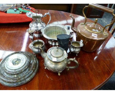 A VICTORIAN COPPER KETTLE, A SERPENTINE STONE CASED WALL BAROMETER AND VARIOUS PLATED WARES. 