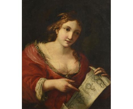 ITALIAN SCHOOL (17TH CENTURY)A ROMAN SYBIL WITH DIVIDERS AND A LAUREL WREATHOil on canvas70 x 58cm (27½ x 22¾ in.)Condition R