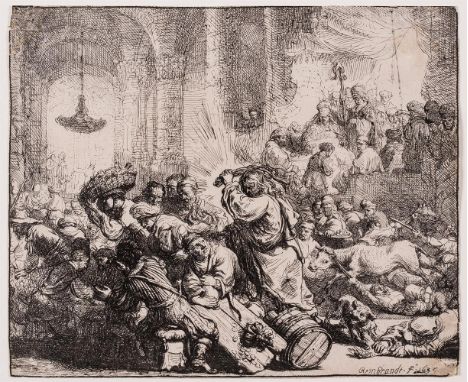 ‡  REMBRANDT VAN RIJN (DUTCH 1606-1669)CHRIST DRIVING THE MONEY CHANGERS FROM THE TEMPLEEtching with touches drypoint, 1635, 