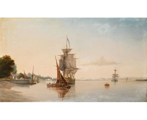 JOSEPH WALTER (BRITISH 1783-1856)A VIEW OF PILL ON THE AVON WITH THE BRISTOL CHANNEL AND THE WELSH HILLS IN THE DISTANCEOil o