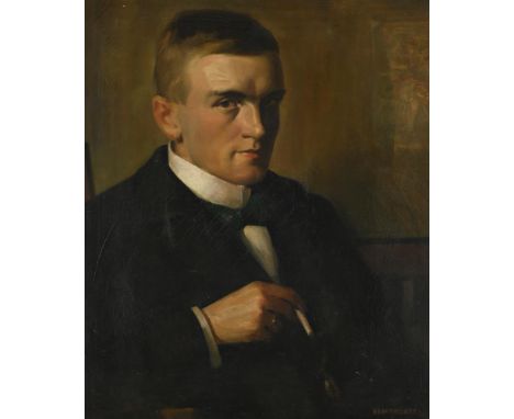 λ GERALD LESLIE BROCKHURST (BRITISH 1890-1978)PORTRAIT OF A GENTLEMAN, HALF-LENGTH, WEARING A DINNER JACKETOil on canvasSigne