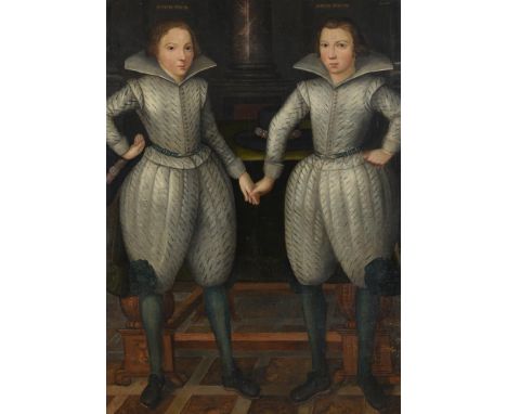 ENGLISH SCHOOL (1606)PORTRAIT OF THOMAS POPE, AGED 8, AND WILLIAM POPE, AGED 10, BOTH FULL-LENGTH, STANDING, WEARING WHITE SL