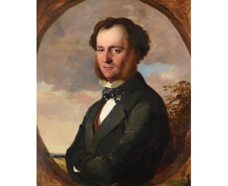 ENGLISH SCHOOL (19TH CENTURY)PORTRAIT OF CAPTAIN JOHN HOPTON, BUST-LENGTH, IN A PAINTED OVAL, A LANDSCAPE BEYONDOil on canvas