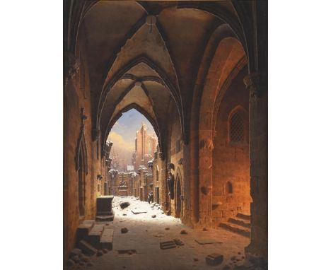 CARL GEORG ADOLPH HASENPFLUG (GERMAN 1802-1858)CLOISTER RUINS IN FADING LIGHT ON A WINTERS DAYOil on canvasSigned and dated '