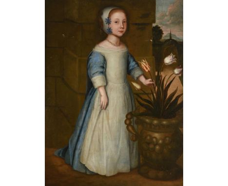 CIRCLE OF JACOB GERRITSZ. CUYP (DUTCH 1594-1652)PORTRAIT OF A YOUNG GIRL, FULL-LENGTH, HOLDING TULIPS SPROUTING FROM A GARDEN