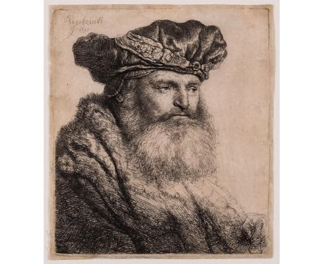 ‡  REMBRANDT VAN RIJN (DUTCH 1606-1669)BEARDED MAN IN A VELVET CAP WITH A JEWEL CLASPEtching, 1637, a beautiful crisp impress