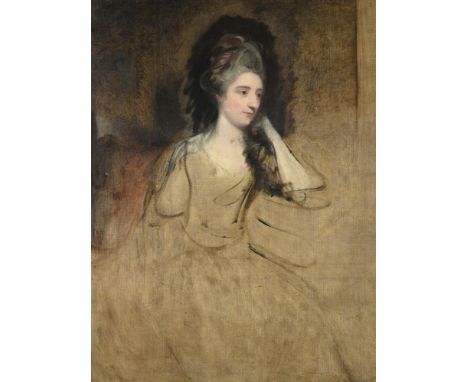 FOLLOWER OF JOSHUA REYNOLDSA SKETCH FOR A PORTRAIT OF A LADY, THREE-QUARTER LENGTH, SEATED, WITH HER HEAD RESTING ON HER HAND