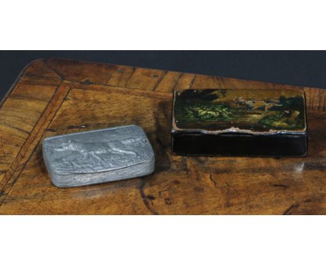 A 19th century papier mache rectangular snuff box, hinged cover decorated with a sporting dog, 8.5cm wide, c.1850; another, p