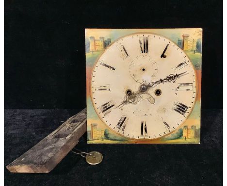 A 19th century longcase clock movement, 33cm square painted dial indistinctly inscribed, Roman numerals, eight day movement s