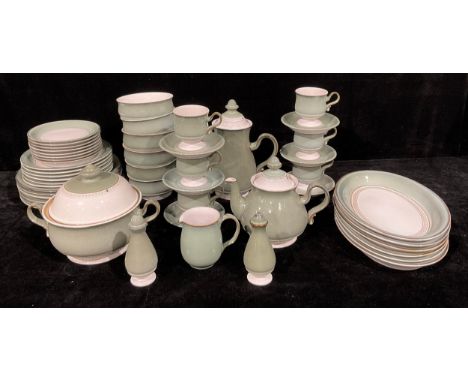 A Denby Castile Green dinner service for six, comprising vegetable dish, oval platters, dinner plates, dessert plates, side p