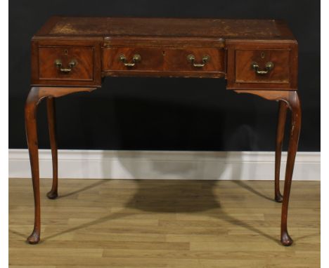 A George II style writing table, caddy top above three frieze drawers, cabriole legs, pad feet, 73cm high, 94.5cm wide, 59cm 