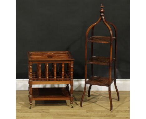 An Edwardian mahogany three tier cake stand, inlaid with boxwood and ebony stringing, spire finial, 95cm high; a mahogany fou