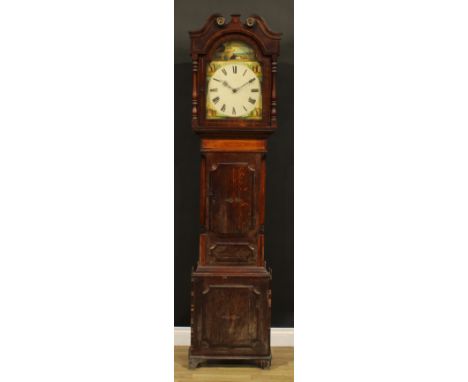 A 19th century oak longcase clock, 33.5cm arched painted dial inscribed with Roman numerals, 30 hour movement striking on a b