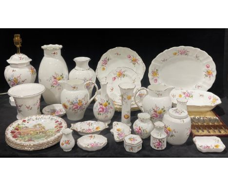 Royal Crown Derby posies pattern vases, plates, a lamp, trinket dishes, four Royal Albert plates, a set of EPNS teaspoons, et