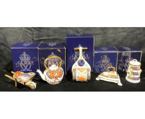 A Royal Crown Derby Imari miniature model garden roller, 10cm, first quality, boxed; others, milk churn and cover, flatiron, 