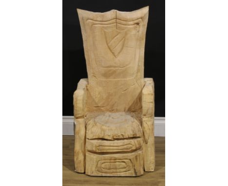 Chainsaw Carving - a shield-back chair, 84cm high, 42cm wide, 42.5cm deep 