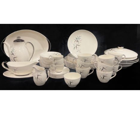 A Royal Doulton Bamboo pattern dinner and coffee service, comprising a pair of vegetable dishes and covers, oval serving plat