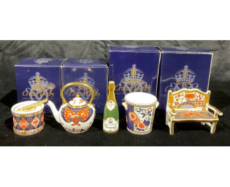 A Royal Crown Derby miniature champagne bottle and ice bucket, first quality, boxed; others, drum with pair of gilt drumstick