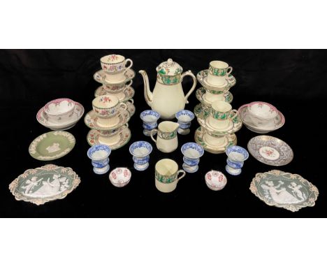 An Art Deco Tuscan China coffee set for six; a pair of early 19th century tea bowls and saucers; a set of six Spode blue and 