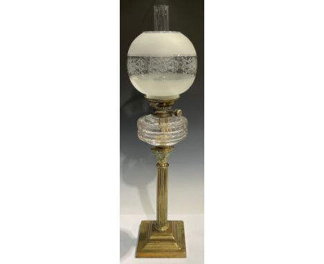A late 19th century oil lamp, brass Corinthian column support, faceted clear glass reservoir, Hink's Duplex No.2 burner, glob