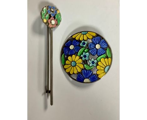 A silver pierced circular brooch, enamelled with bright yellow and blue flowers, 3.5cm, AH Darby &amp; Son, Birmingham 1945; 