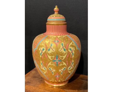 A large Derby Crown Porcelain Company potpourri temple jar and cover, decorated in the Persian taste with dragonflies, flower