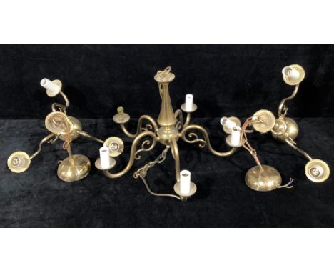Lighting - a brass five branch electrolier; two others, similar, three branch 