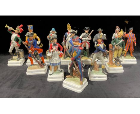 A set of fourteen Goebel, Bachmann, military figures including ‘Captain of Artillery 1861’, ‘Grenadier 1740’, ‘Infantryman 18