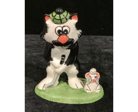 A Lorna Bailey model of a comical cat and mouse playing golf, signed 