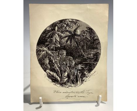 A. T. Elwes (1867-1911) Where Undisturbed The Tiger Loves To Roam signed, circular, pen and ink sketch 10cm diam 