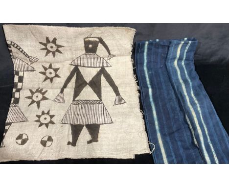 Tribal Textiles - a woven panel, decorated with stylised figures; another, striped in shades of blue (2) 